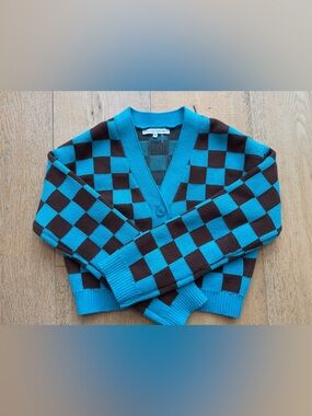 English Factory Teal and Chocolate Checkerboard V-Neck Cardigan